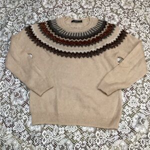 Women's Sweater Hallhuber Italian Yarn Beige & Gold Patterned Crew Neck M